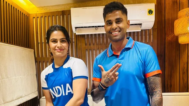 paris-olympics-champion-manu-bhaker-meets-india-t20i-captain-suryakumar-yadav-ace-shooter-eager-to-learn-techniques-of-new-sport
